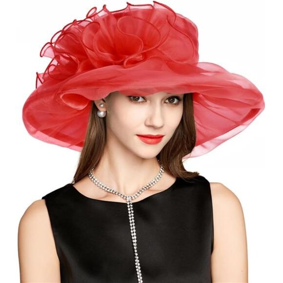 Derby Hats for Women, Classy Organza Sun Hat, Red